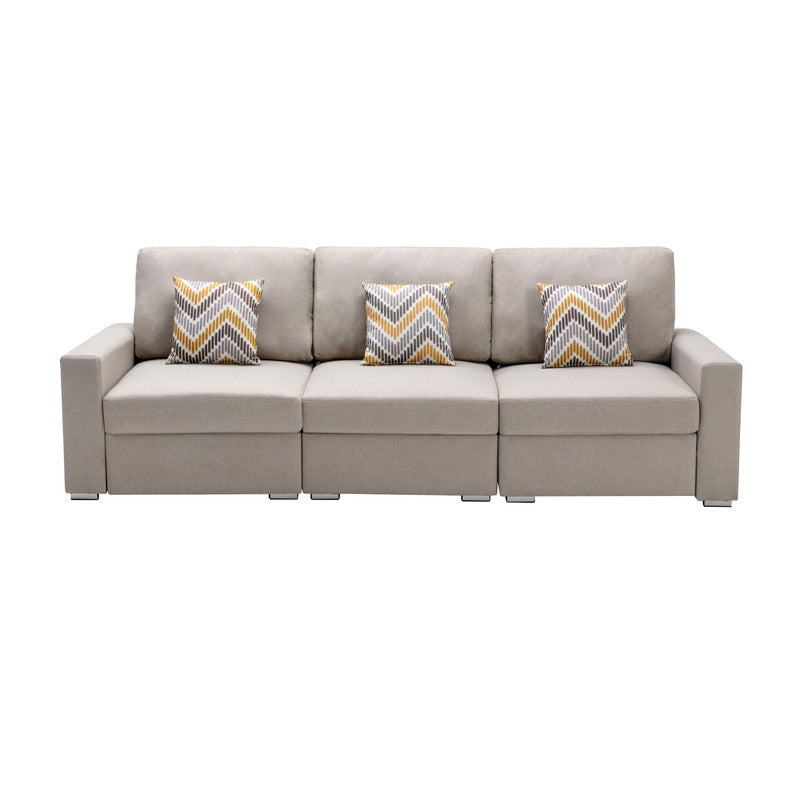 Lilola Home Nolan Beige Linen Fabric Sofa with Pillows and Interchangeable Legs