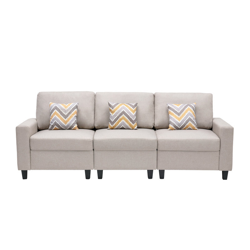 Lilola Home Nolan Beige Linen Fabric Sofa with Pillows and Interchangeable Legs