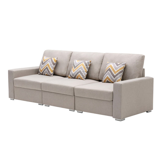 Lilola Home Nolan Beige Linen Fabric Sofa with Pillows and Interchangeable Legs