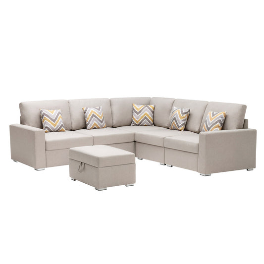 Nolan Beige Linen 6Pc Reversible Sectional, Storage Ottoman/Interchangeable Legs