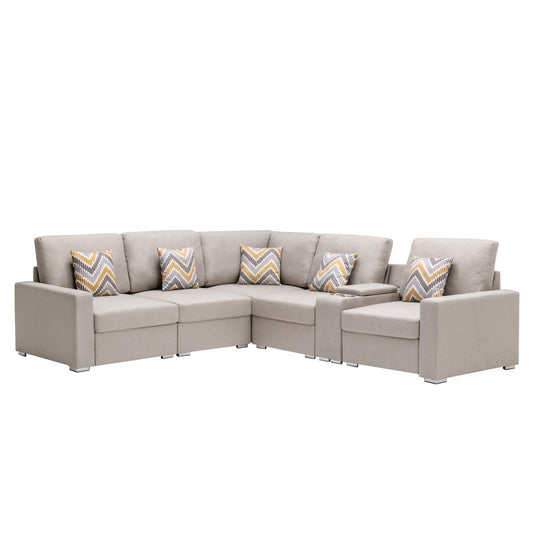 Nolan Beige Linen 6Pc Reversible Sectional Sofa, USB, Console Table, 89420-2A