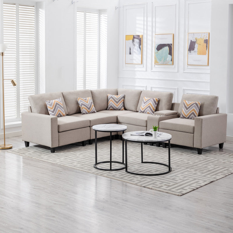 Nolan Beige Linen 6Pc Reversible Sectional Sofa, USB, Console Table, 89420-2A