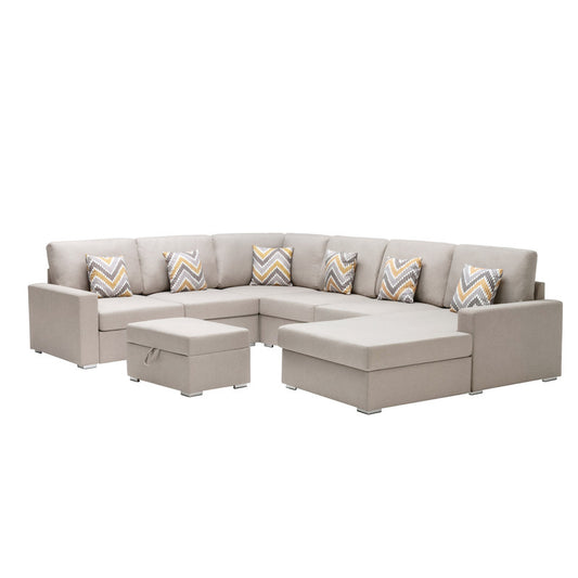Nolan Beige Linen 7Pc Reversible Chaise Sectional, Storage Ottoman, 89420-20A