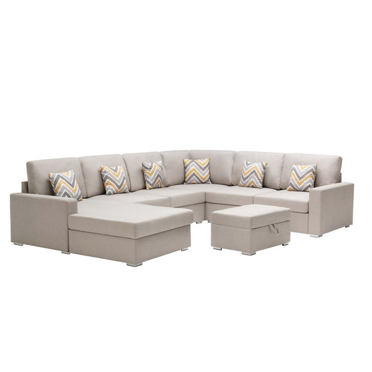 Nolan Beige Linen 7Pc Reversible Chaise Sectional, Storage Ottoman, 89420-20B