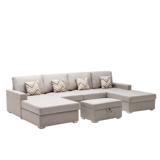 Nolan Beige Linen 5Pc Double Chaise Sectional Sofa with Storage Ottoman, Pillows