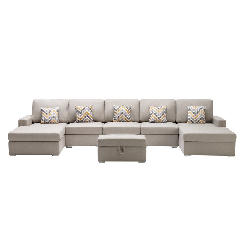 Nolan Beige Linen 6Pc Double Chaise Sectional Sofa with Storage Ottoman, Pillows