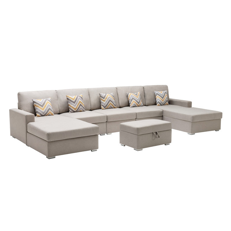 Nolan Beige Linen 6Pc Double Chaise Sectional Sofa with Storage Ottoman, Pillows