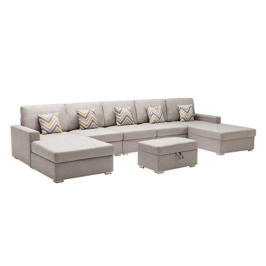 Nolan Beige Linen 6Pc Double Chaise Sectional Sofa with Storage Ottoman, Pillows