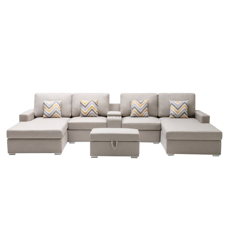Nolan Beige Linen 6Pc Double Chaise Sectional Sofa, Console Table, Ottoman