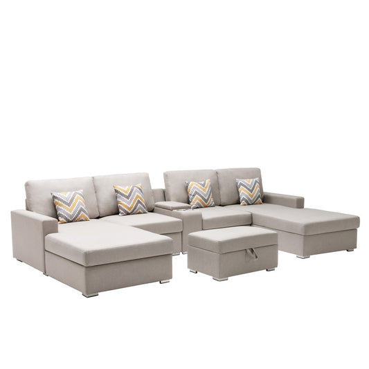 Nolan Beige Linen 6Pc Double Chaise Sectional Sofa, Console Table, Ottoman