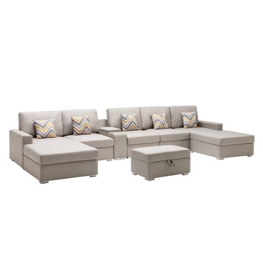 Nolan Beige Linen 7Pc Double Chaise Sectional Sofa, Console Table, Ottoman