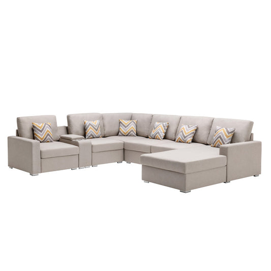 Nolan Beige Linen 7Pc Reversible Chaise Sectional, USB, Console Table, 89420-3A