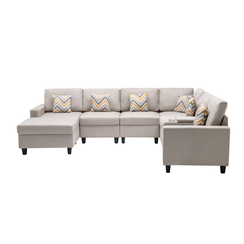 Nolan Beige Linen 7Pc Reversible Chaise Sectional, USB, Console Table, 89420-3B