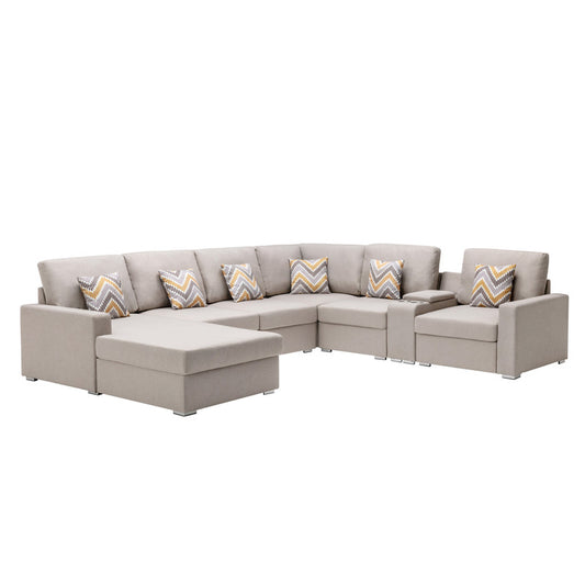 Nolan Beige Linen 7Pc Reversible Chaise Sectional, USB, Console Table, 89420-3B