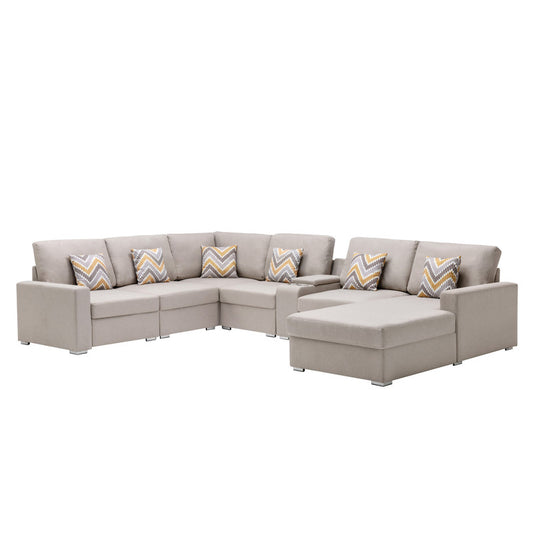 Nolan Beige Linen 7Pc Reversible Chaise Sectional, USB, Console Table, 89420-4A