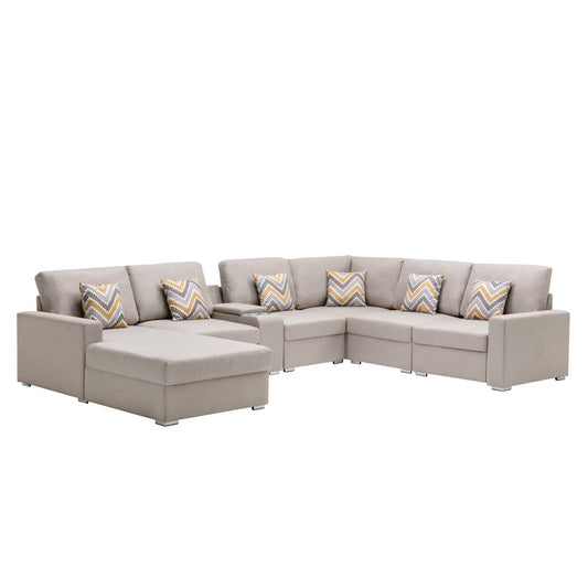 Nolan Beige Linen 7Pc Reversible Chaise Sectional, USB, Console Table, 89420-4B