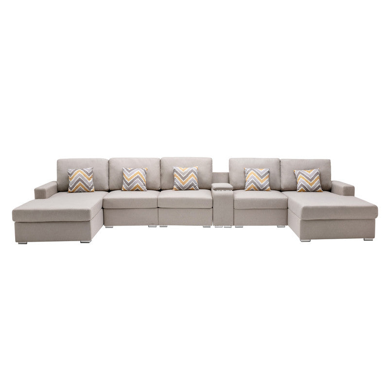 Nolan Beige Linen 6Pc Double Chaise Sectional Sofa, USB, Console Table, 89420-6A