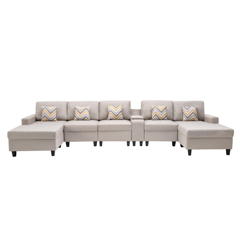 Nolan Beige Linen 6Pc Double Chaise Sectional Sofa, USB, Console Table, 89420-6A