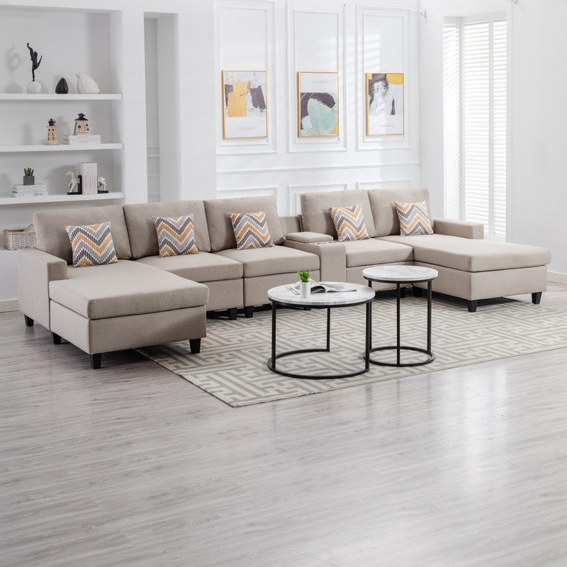 Nolan Beige Linen 6Pc Double Chaise Sectional Sofa, USB, Console Table, 89420-6A