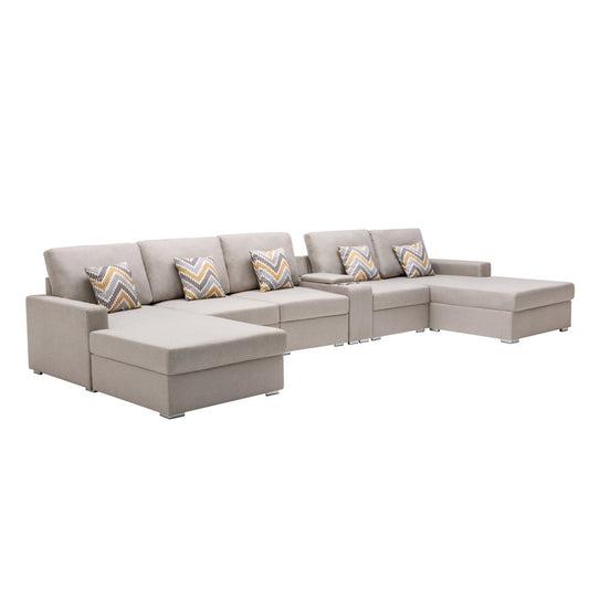 Nolan Beige Linen 6Pc Double Chaise Sectional Sofa, USB, Console Table, 89420-6A