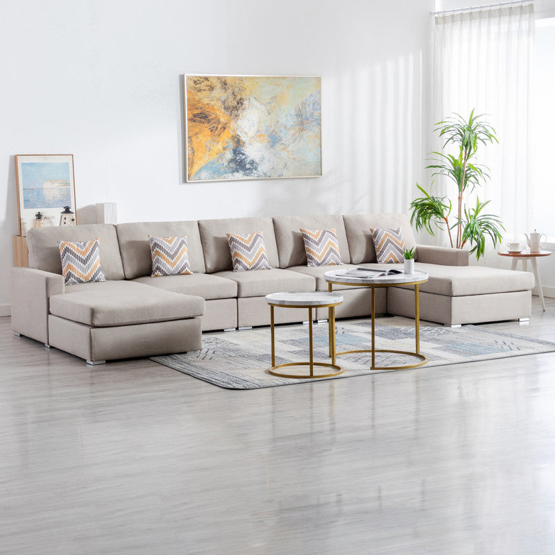 Nolan Beige Linen 5Pc Double Chaise Sectional Sofa, Interchangeable Legs