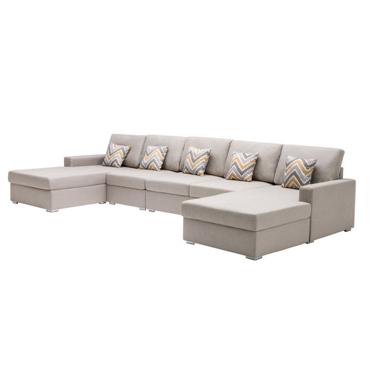 Nolan Beige Linen 5Pc Double Chaise Sectional Sofa, Interchangeable Legs