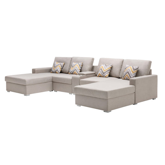 Nolan Beige Linen 5Pc Double Chaise Sectional Sofa, USB, Console Table, Pillows