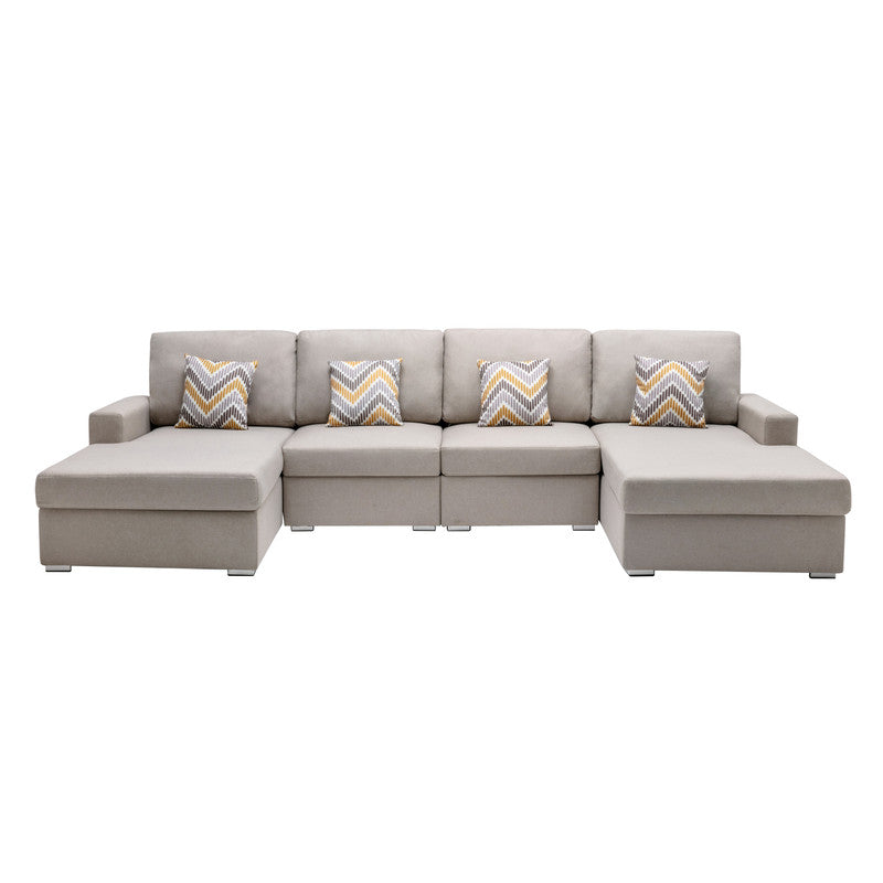 Nolan Beige Linen 4Pc Double Chaise Sectional Sofa, Interchangeable Legs