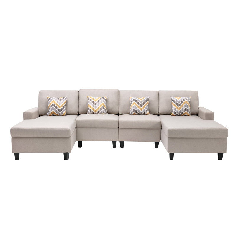 Nolan Beige Linen 4Pc Double Chaise Sectional Sofa, Interchangeable Legs