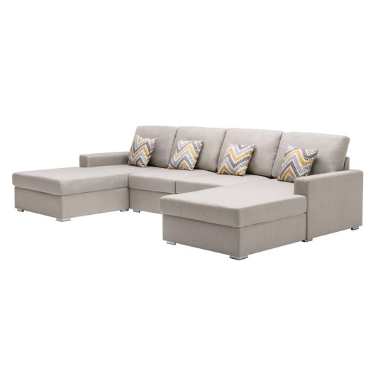 Nolan Beige Linen 4Pc Double Chaise Sectional Sofa, Interchangeable Legs