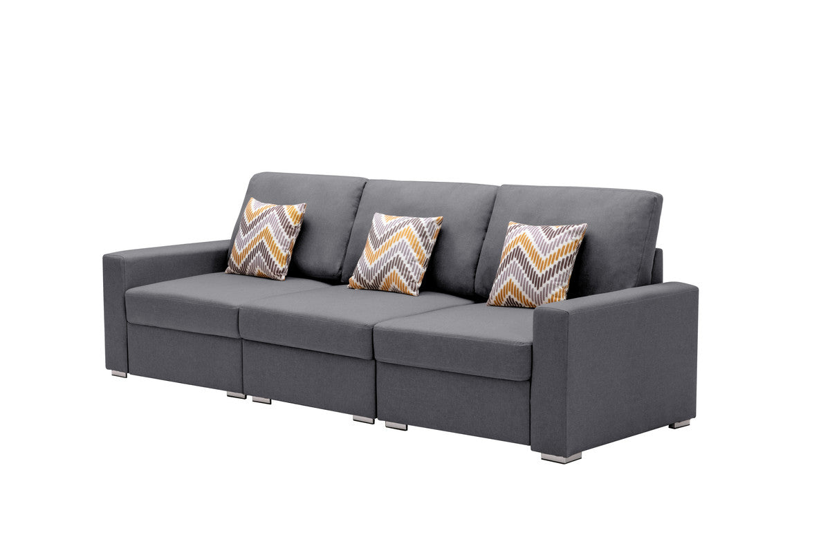 Lilola Home Nolan Gray Linen Fabric Sofa with Pillows and Interchangeable Legs