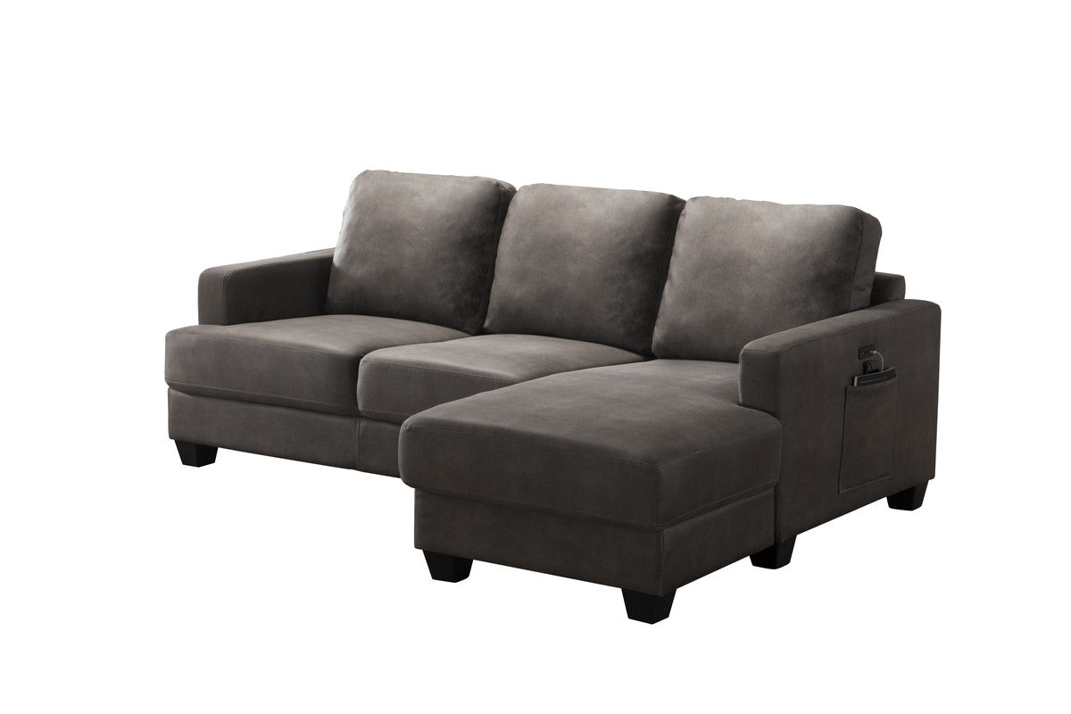 Caleb Gray Fabric Sectional Sofa Chaise with USB Charger and Tablet Pocket