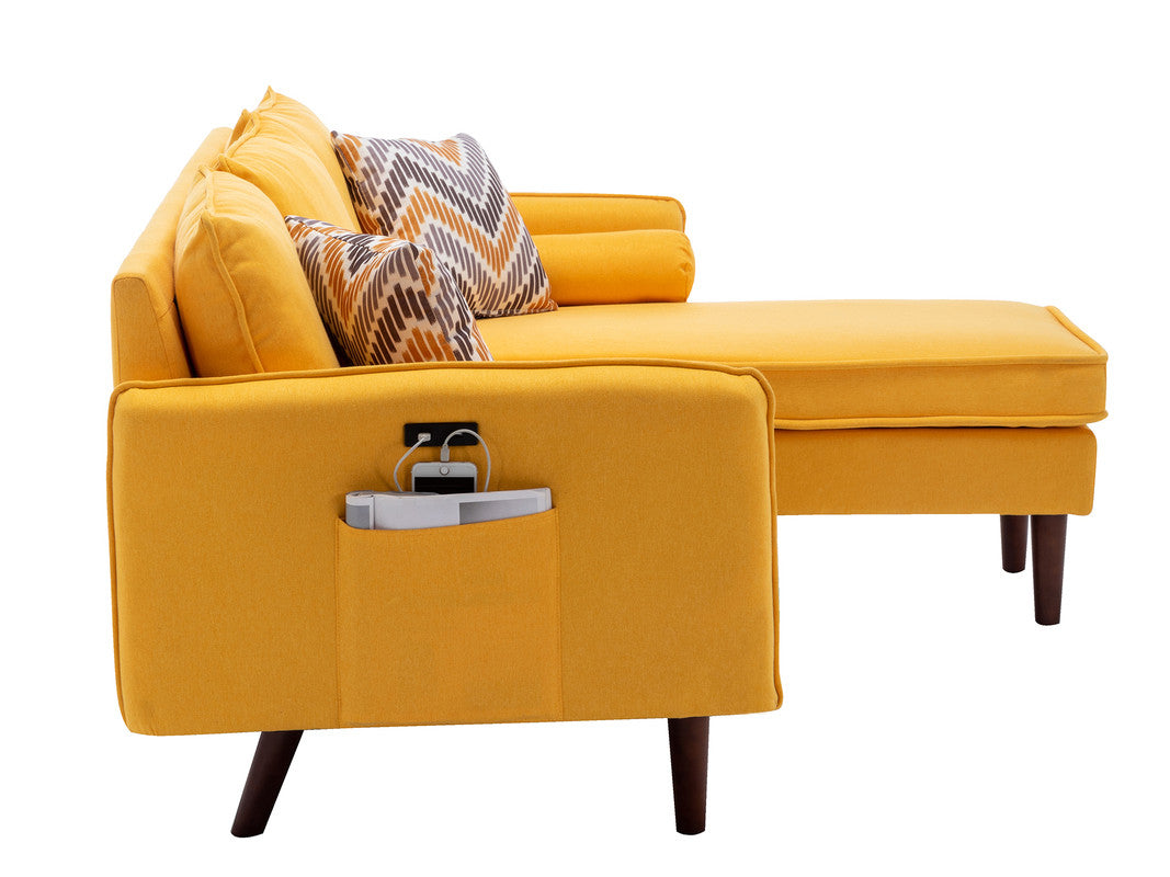 Lilola Home Mia Yellow Sectional Sofa Chaise with USB Charger & Pillows