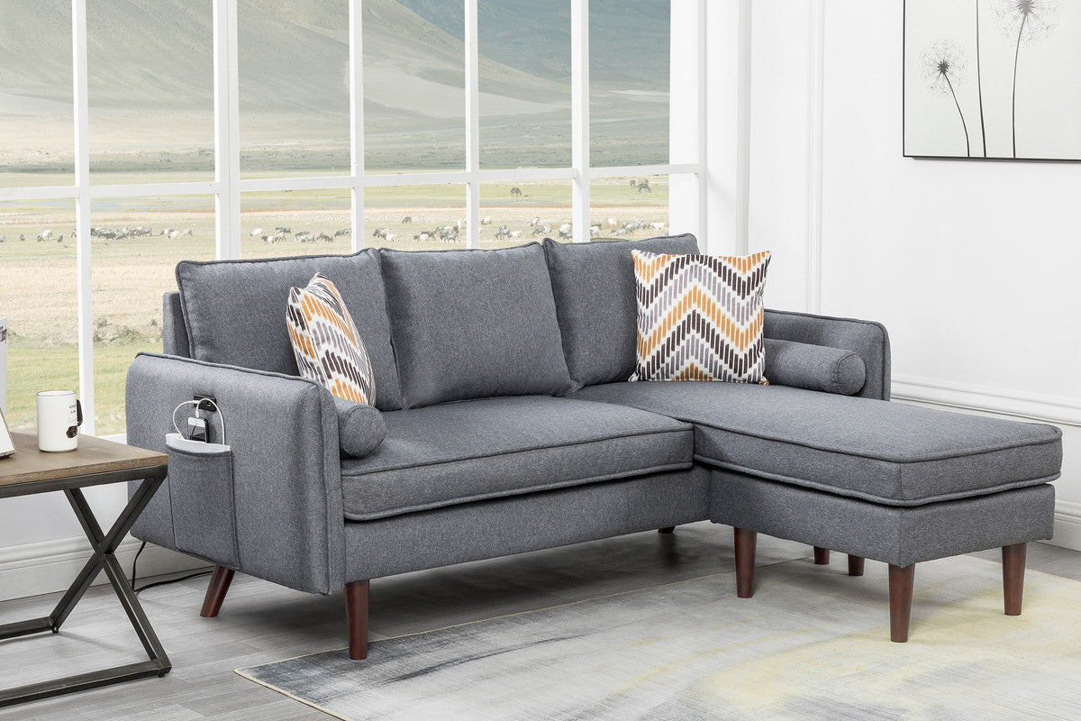 Lilola Home Mia Gray Sectional Sofa Chaise with USB Charger & Pillows