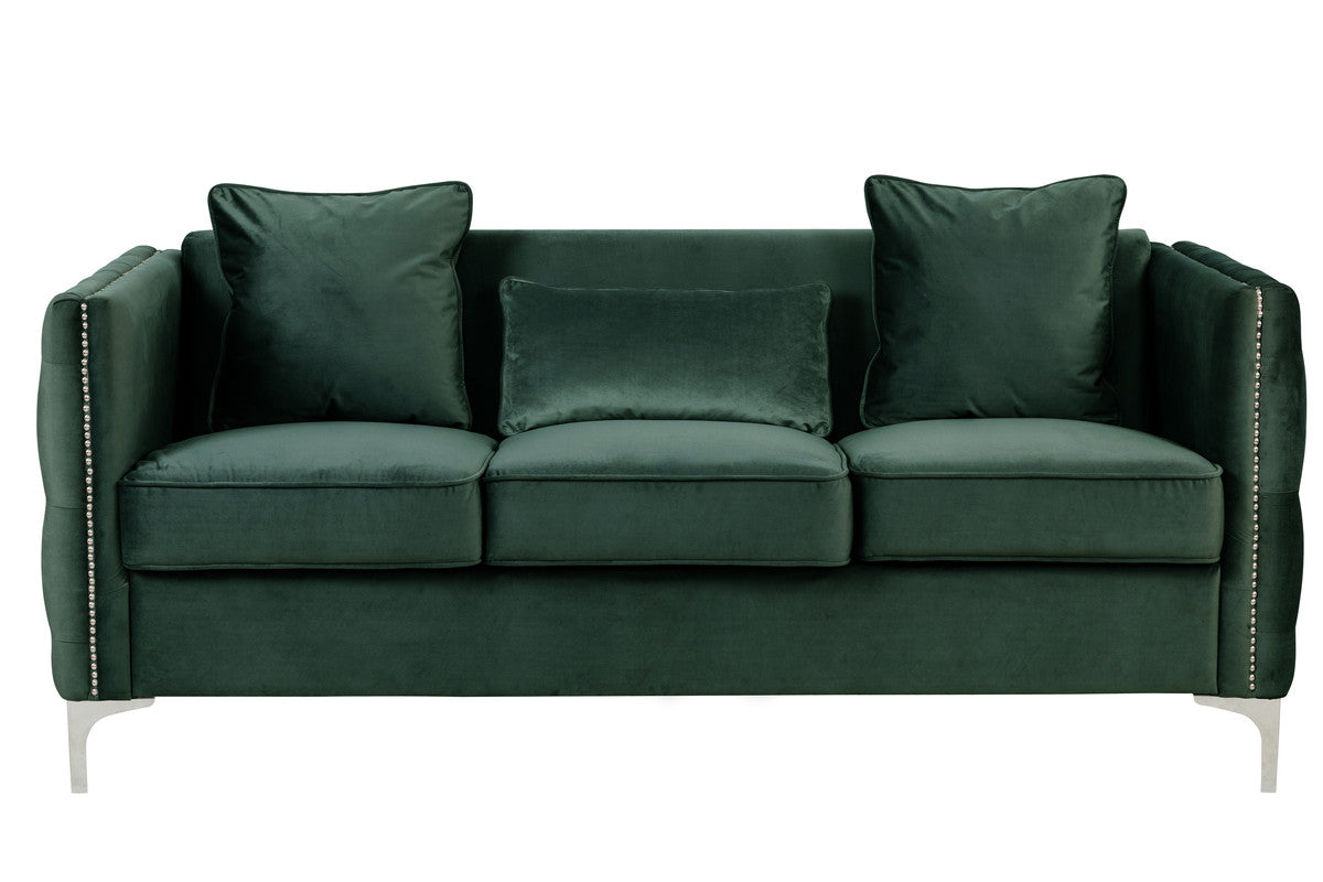 Lilola Home Bayberry Green Velvet Sofa with 3 Pillows