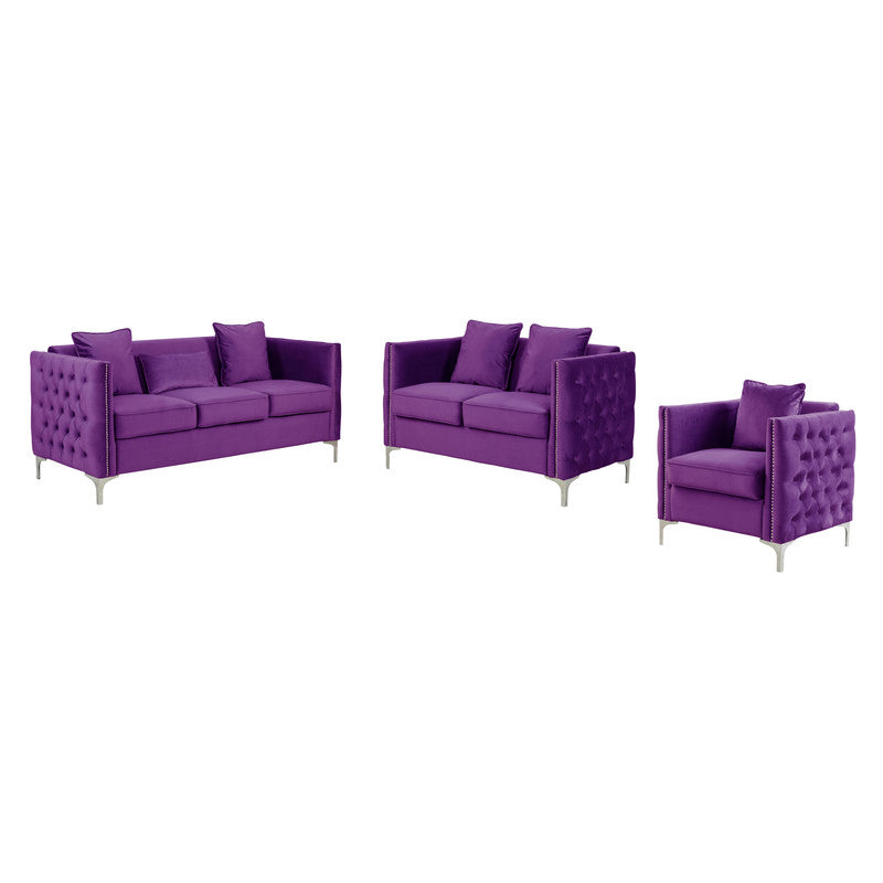 Lilola Home Bayberry Purple Velvet Sofa Loveseat Chair Living Room Set