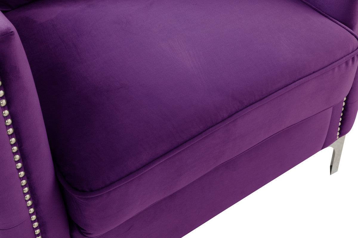 Lilola Home Bayberry Purple Velvet Sofa with 3 Pillows