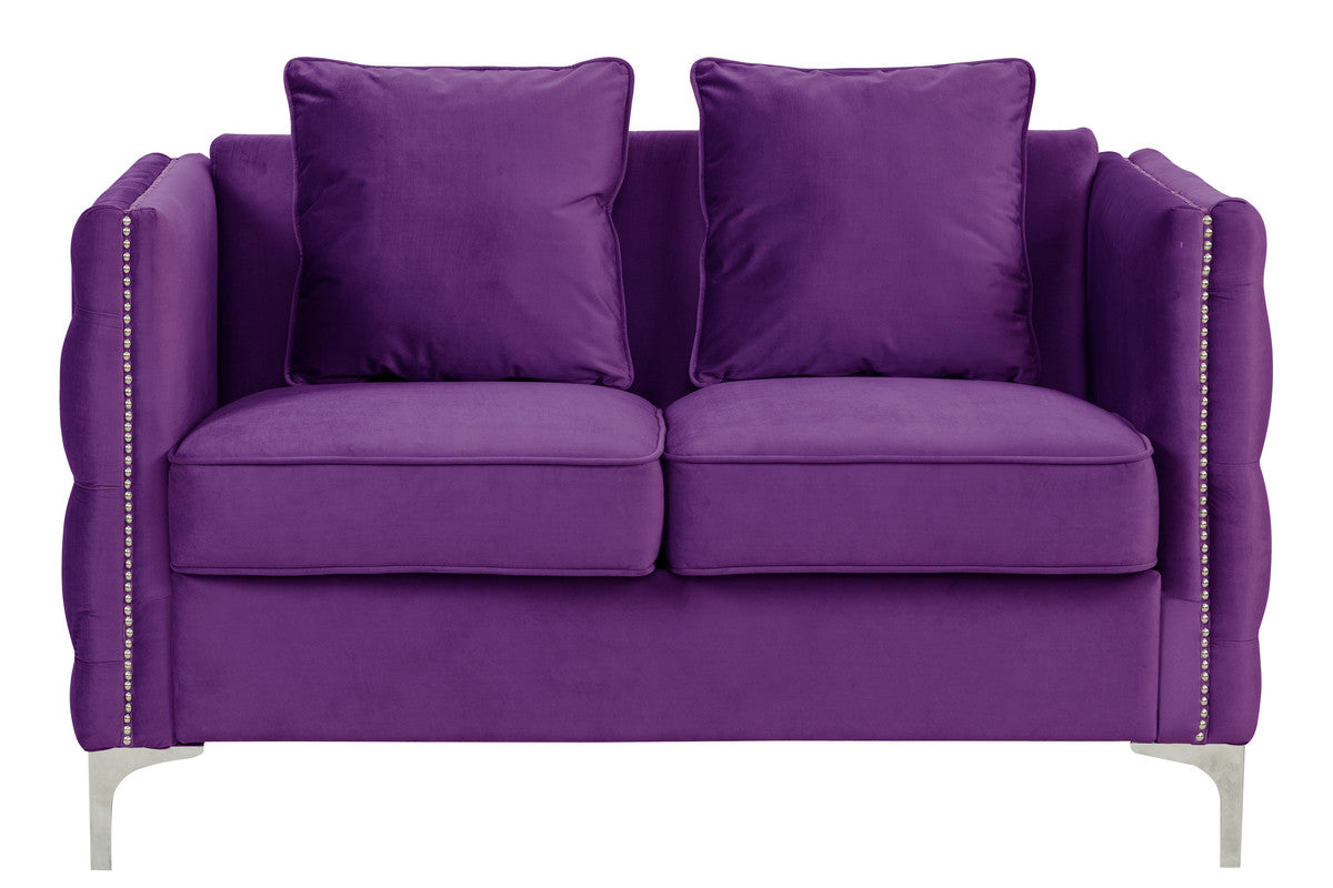 Lilola Home Bayberry Purple Velvet Loveseat with 2 Pillows