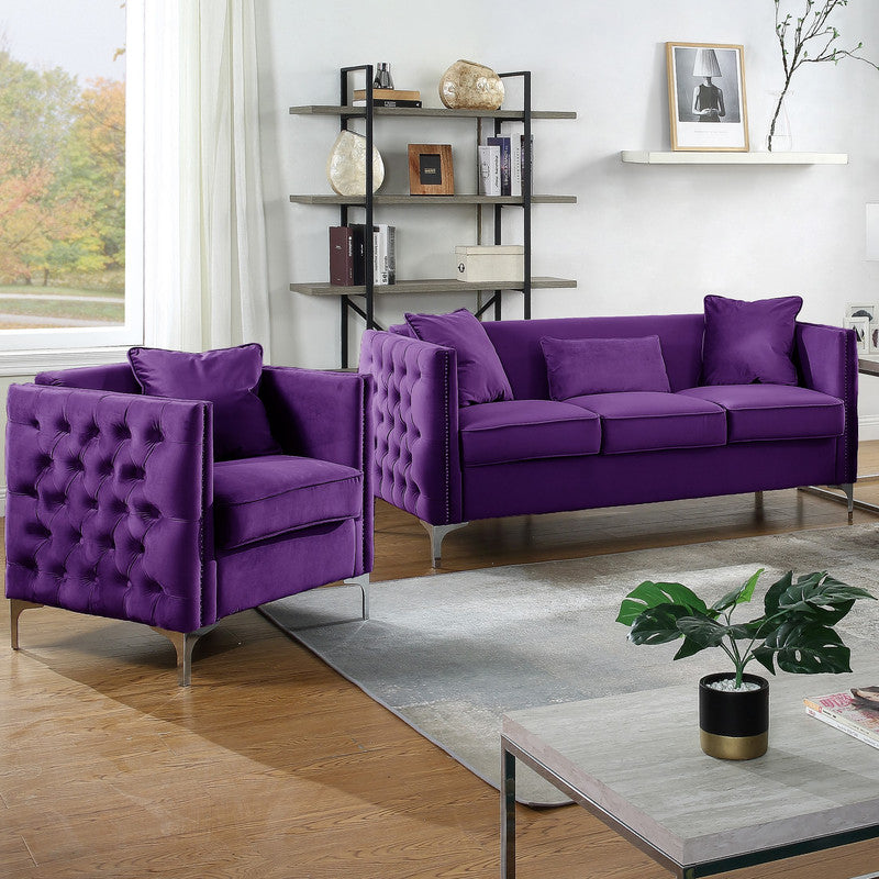 Lilola Home Bayberry Purple Velvet Sofa Loveseat Living Room Set