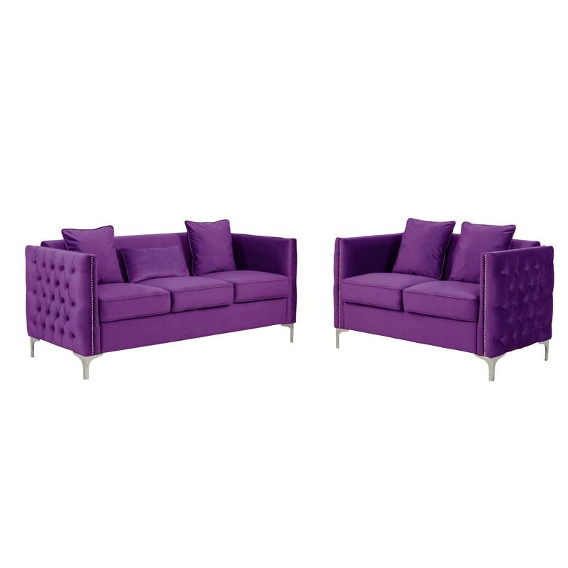 Lilola Home Bayberry Purple Velvet Sofa Loveseat Living Room Set