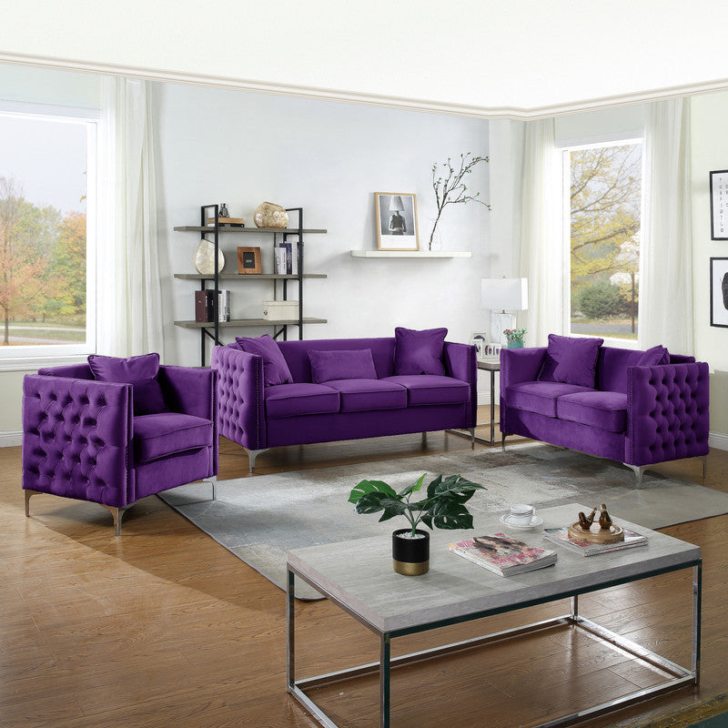 Lilola Home Bayberry Purple Velvet Sofa with 3 Pillows