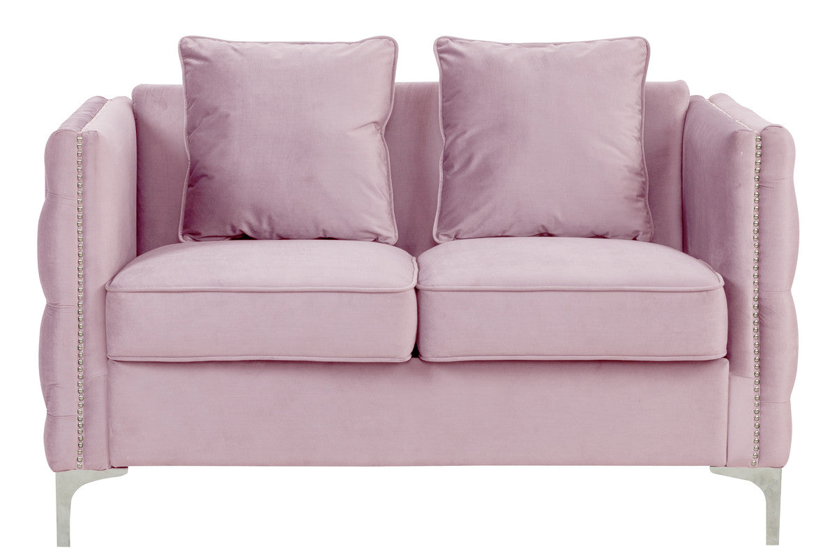 Lilola Home Bayberry Pink Velvet Loveseat with 2 Pillows