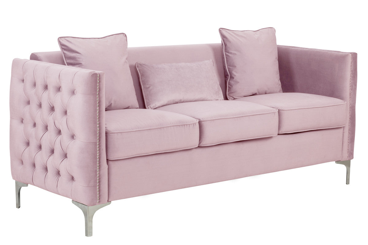 Lilola Home Bayberry Pink Velvet Sofa with 3 Pillows