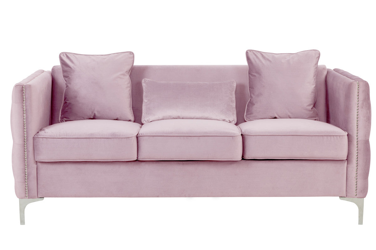 Lilola Home Bayberry Pink Velvet Sofa with 3 Pillows