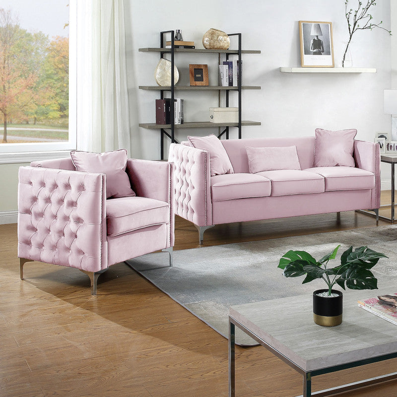 Lilola Home Bayberry Pink Velvet Sofa Loveseat Living Room Set