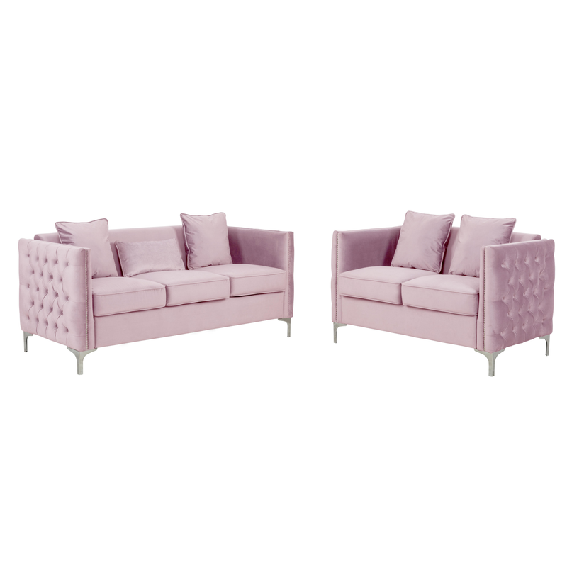 Lilola Home Bayberry Pink Velvet Sofa Loveseat Living Room Set