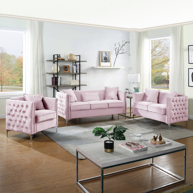 Lilola Home Bayberry Pink Velvet Loveseat with 2 Pillows