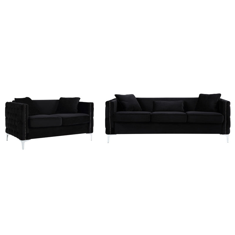 Lilola Home Bayberry Black Velvet Sofa Loveseat Living Room Set