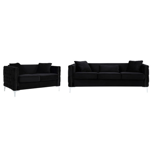 Lilola Home Bayberry Black Velvet Sofa Loveseat Living Room Set