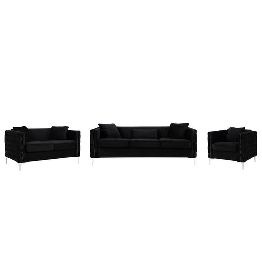 Lilola Home Bayberry Black Velvet Sofa Loveseat Chair Living Room Set